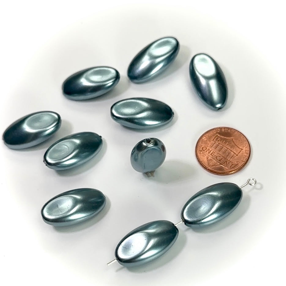 Czech Fancy Flattened Olive Glass Pearls 22x12mm Light Blue Pearl color 10 pieces CL170