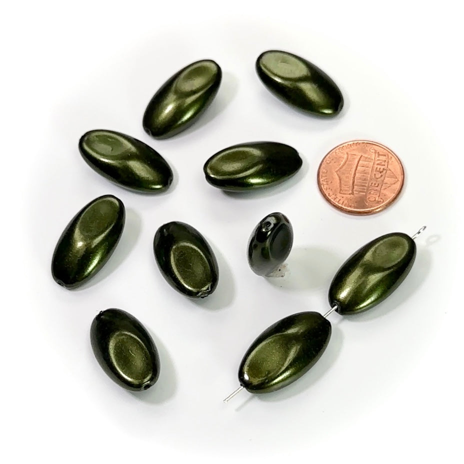 Czech Fancy Flattened Olive Glass Pearls 22x12mm Hunter Green Pearl color 10 pieces CL171