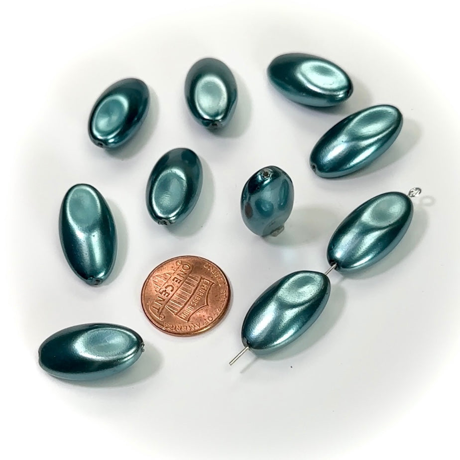 Czech Fancy Flattened Olive Glass Pearls 22x12mm Teal Pearl color 10 pieces CL172