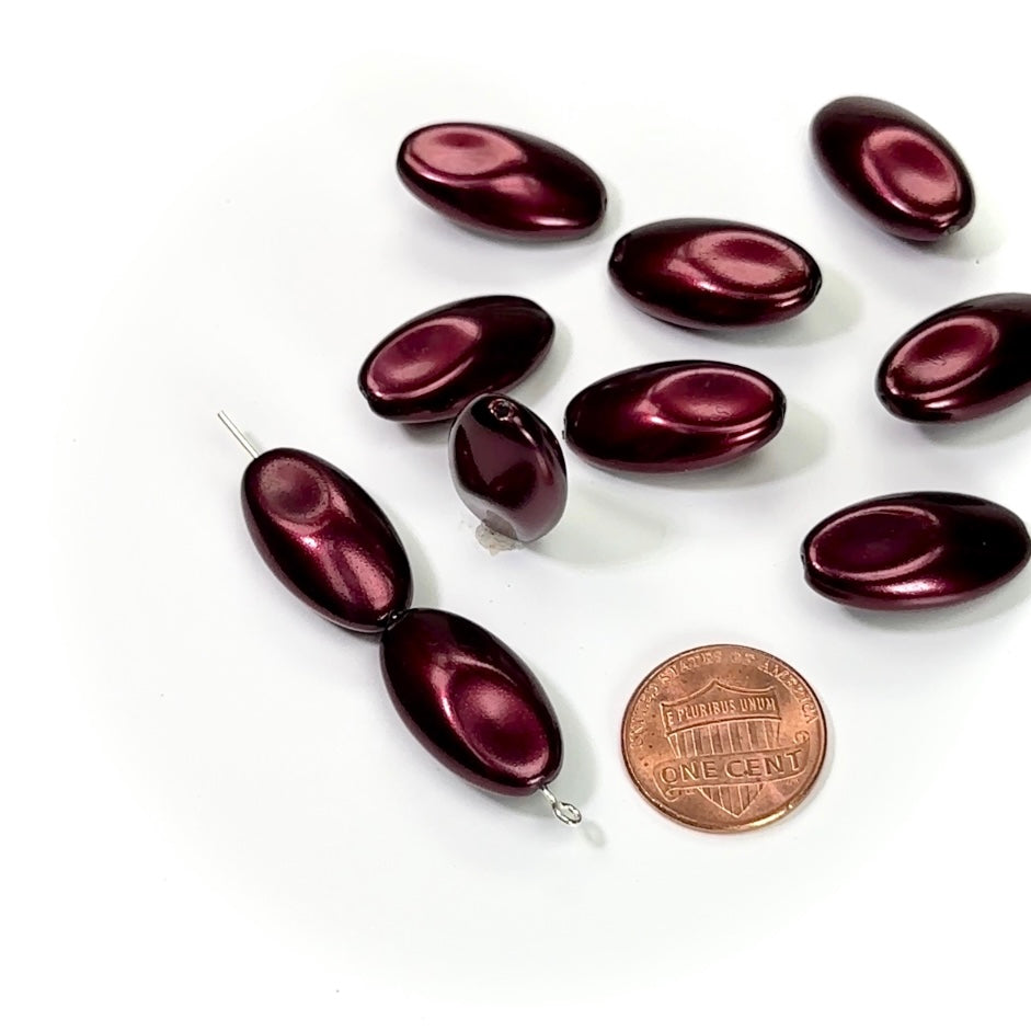 Czech Fancy Flattened Olive Glass Pearls 22x12mm Dark Burgundy Pearl color 10 pieces CL174