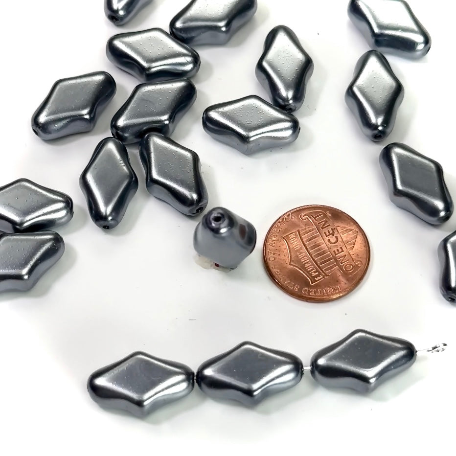 Czech Fancy Rhombus Glass Pearls 18x11mm Dark Grey Hematite color 20 pieces CL181