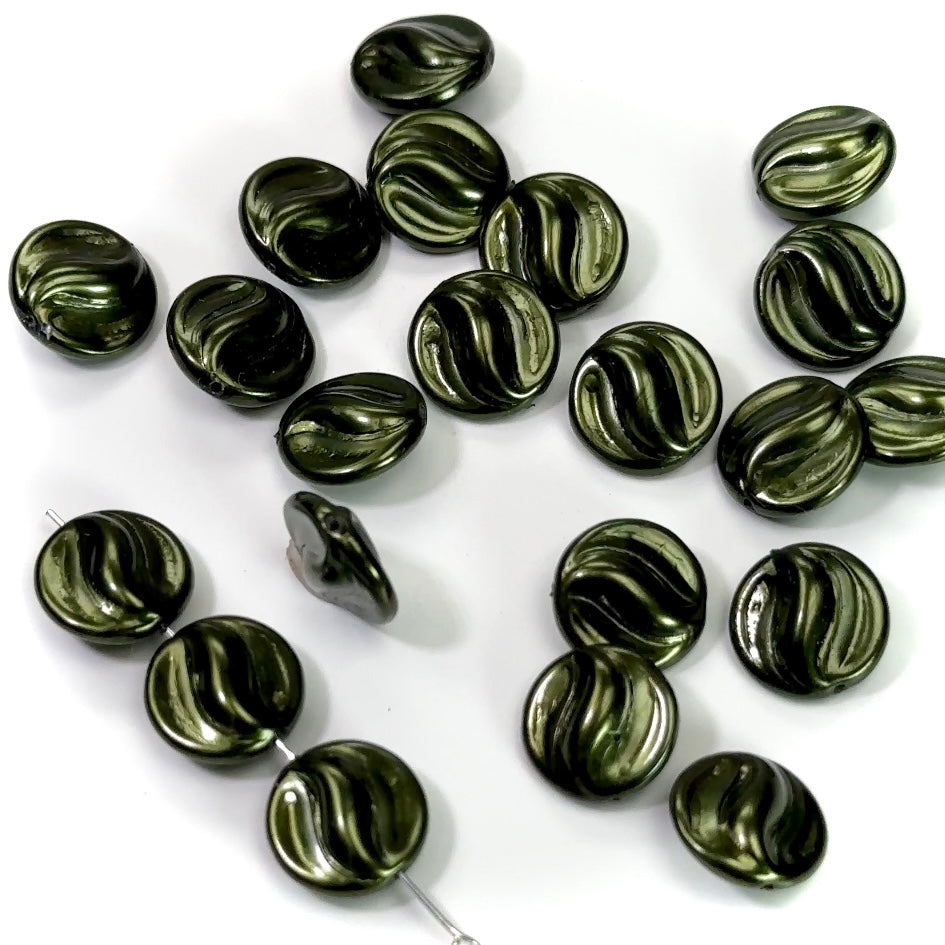 Czech Fancy Round Flat Swirl Glass Pearls 13mm Hunter Green Pearl 20 pieces CL185