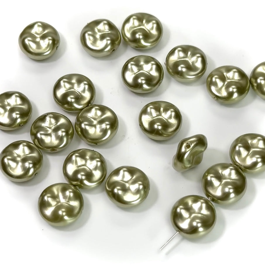 Czech Fancy Round Flat Glass Pearls 13mm Olivine Pearl color 20 pieces CL196