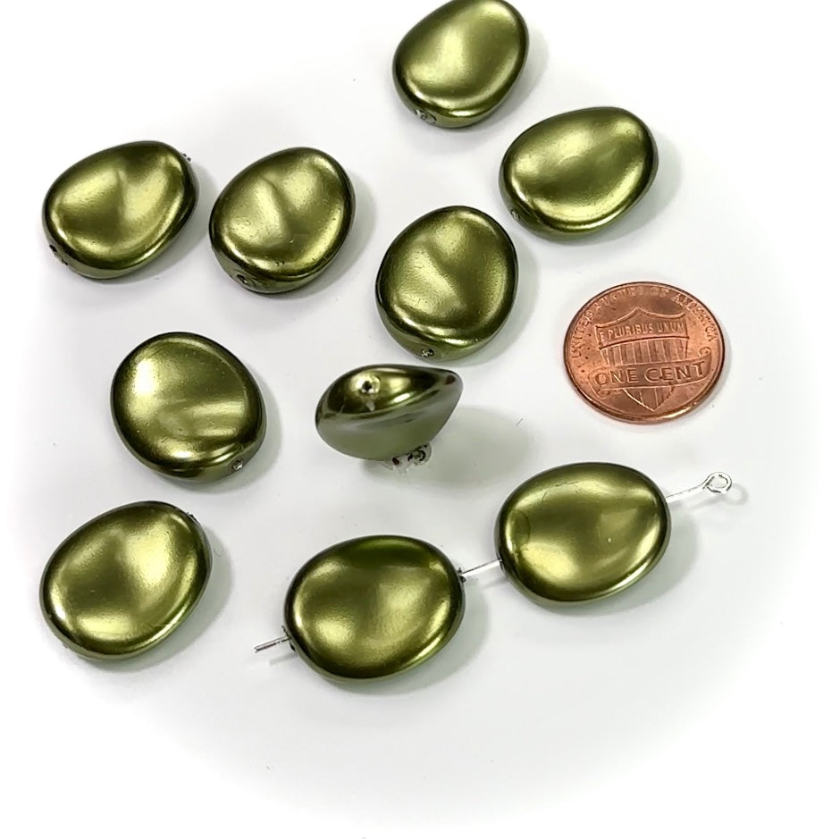 Czech Fancy Oval Potato Chip Glass Pearls 20x17mm Dark Green Pearl color 10 pieces CL205