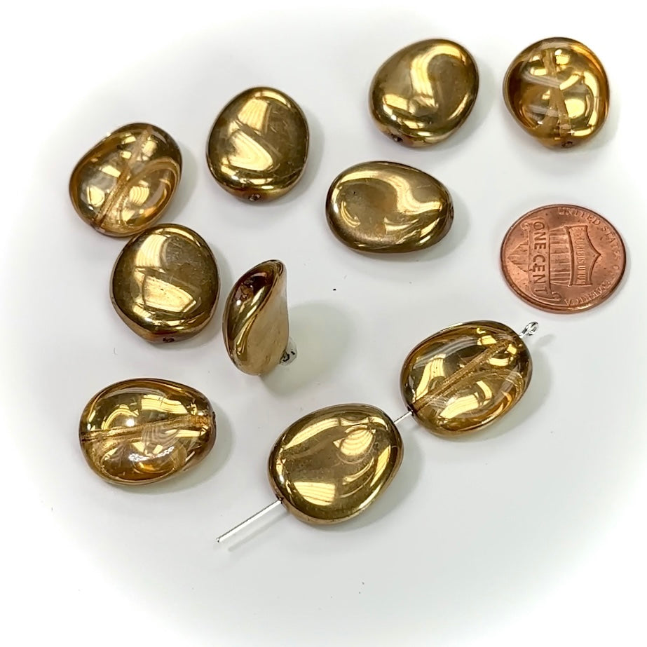 Czech Fancy Oval Potato Chip Glass Beads 20x17mm Half Gold coated 10 pieces CL207