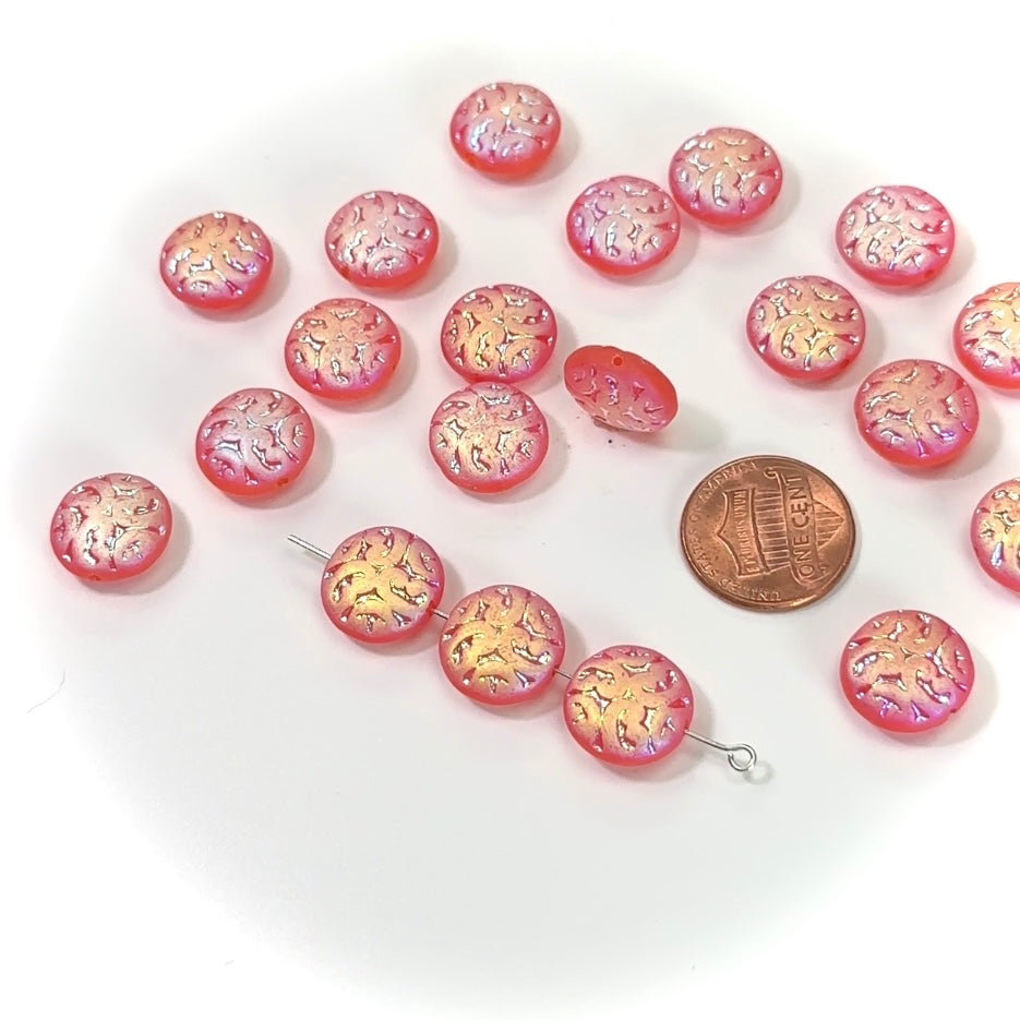 Czech Pressed Druk Glass Beads Ornate Textured Round Discs 14mm Light Red Matte AB 20 pieces CL222