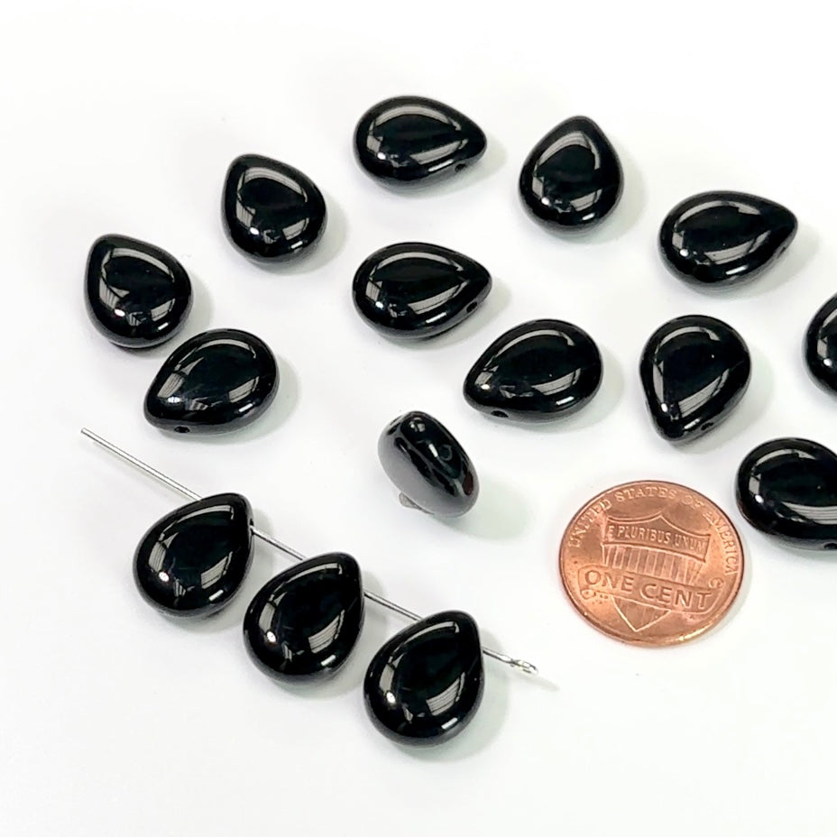 Czech Pressed Druk Glass Beads Teardrop Petal with Top Hole Across 16x12mm Jet Black 15 pieces CL241