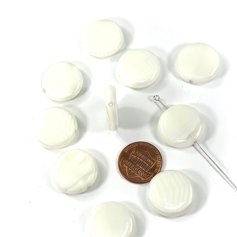 Czech Pressed Druk Flat Round Disc Glass Beads 20mm Off White with Stripes 10pcs CL253
