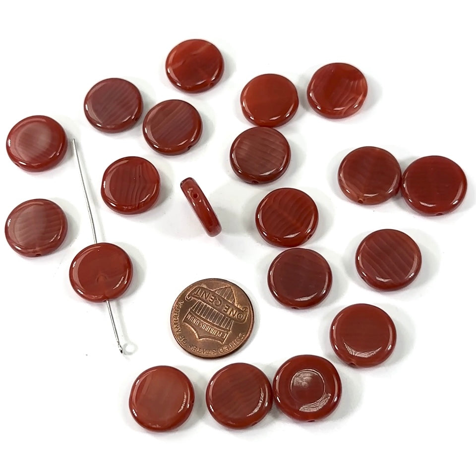 Czech Pressed Druk Flat Round Disc Glass Beads 15mm Brown with Stripes 20pcs CL257