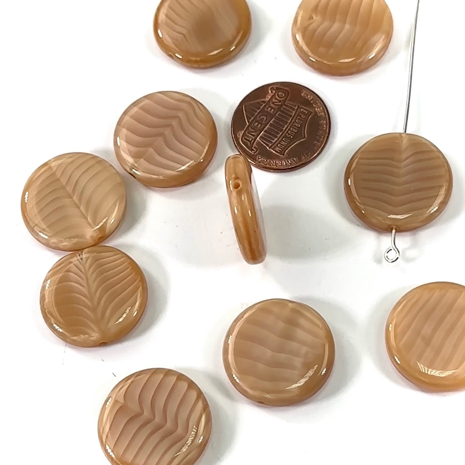 Czech Pressed Druk Flat Round Disc Glass Beads 20mm Beige Satin with Stripes 10pcs CL264