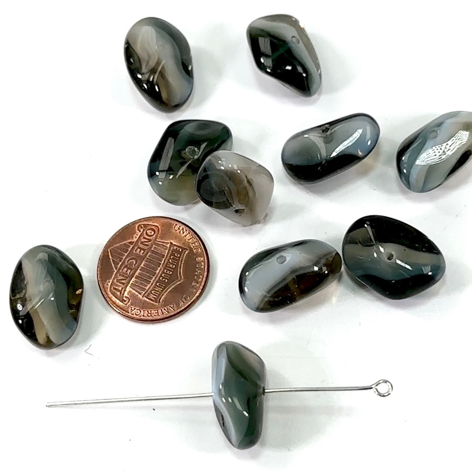 Czech Pressed Druk Center Drilled Irregular Oval Glass Beads 8x18mm Multi Color Grey 10pcs CL268