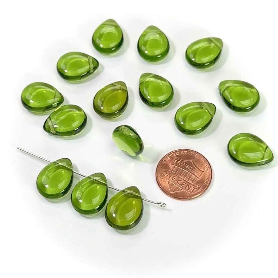 Czech Pressed Druk Glass Beads Teardrop Petal with Top Hole Across 16x12mm Green Transparent 15 pieces CL280