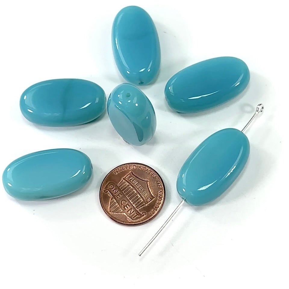 Czech Pressed Druk Glass Beads Chunky Flat Oval 26x15mm Aqua Opaque 6 pieces CL285