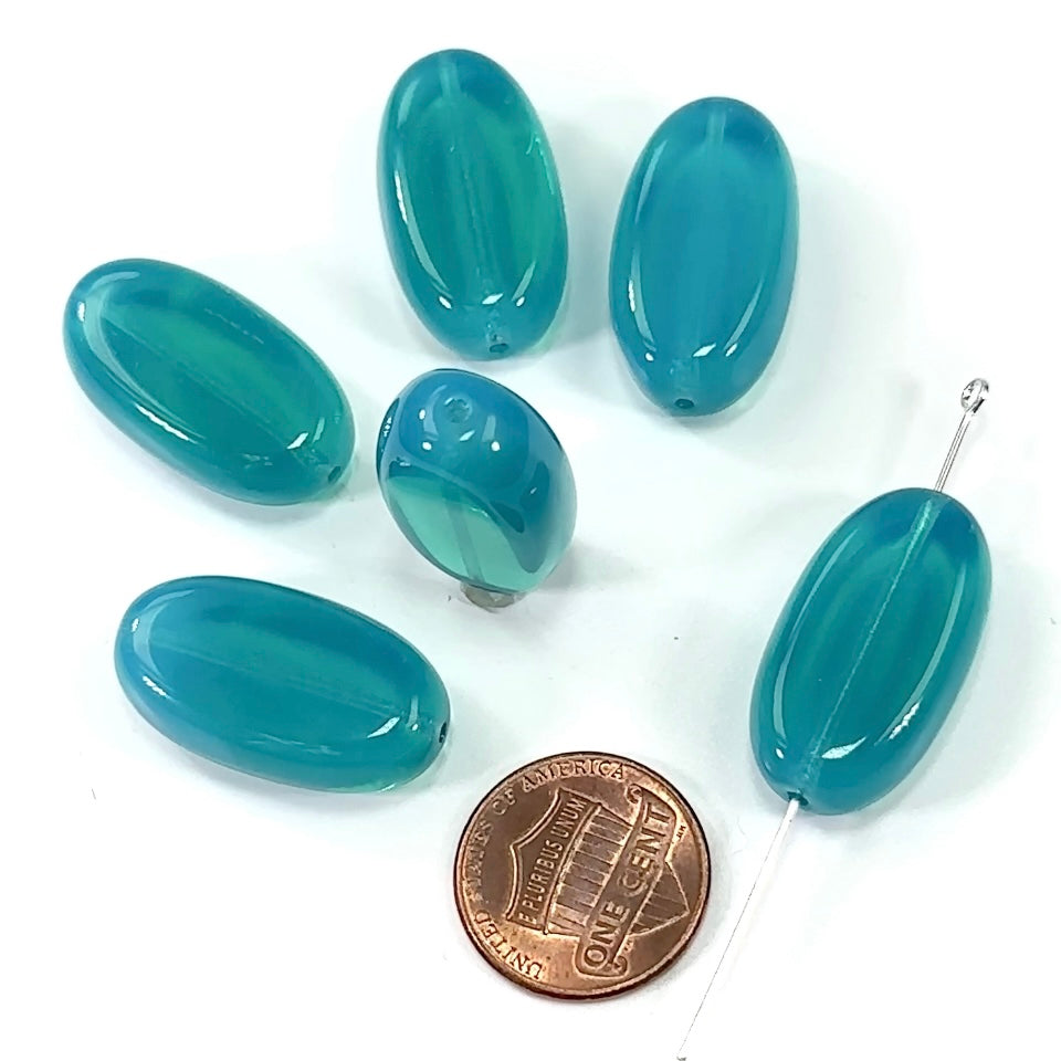 Czech Pressed Druk Glass Beads Chunky Flat Oval 26x15mm Aqua Opal 6 pieces CL286