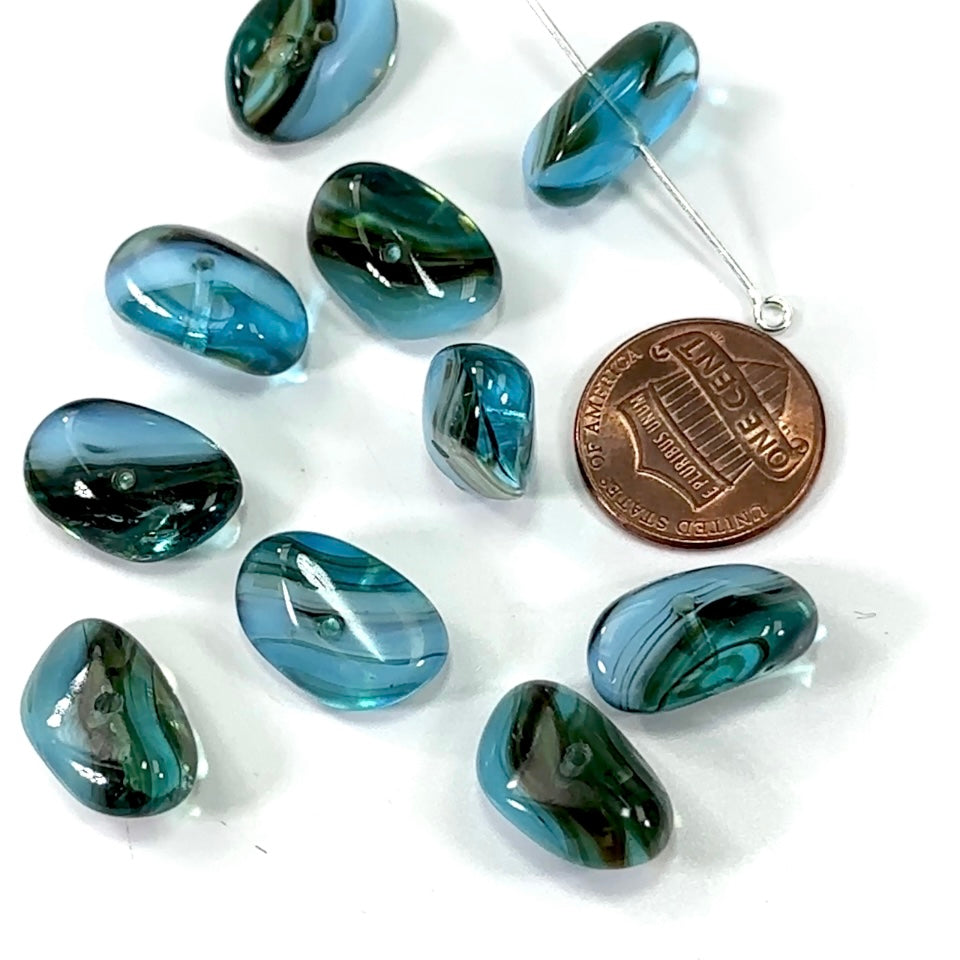 Czech Pressed Druk Center Drilled Irregular Oval Glass Beads 8x18mm Multi Color Dark Blue 10pcs CL287