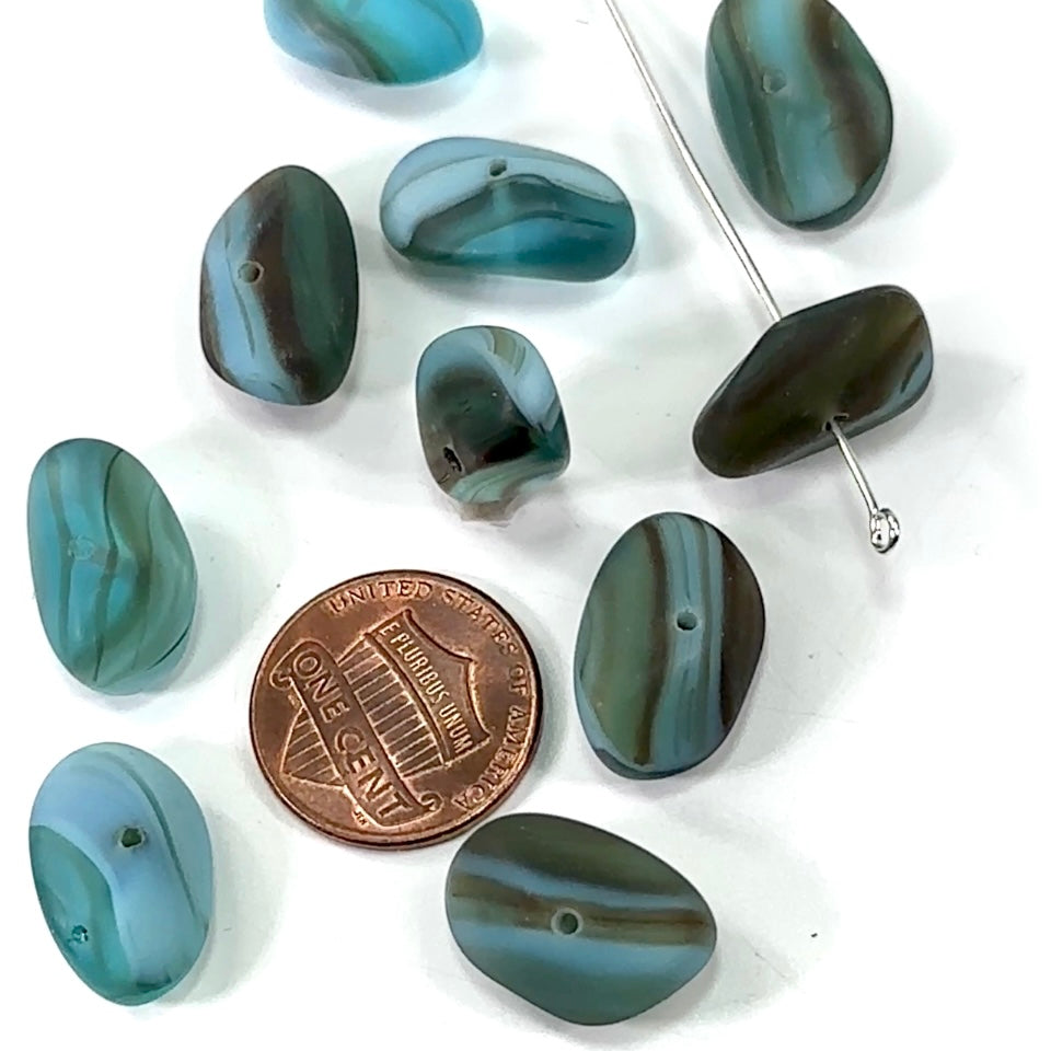 Czech Pressed Druk Center Drilled Irregular Oval Glass Beads 8x18mm Multi Color Dark Blue Matted 10pcs CL288