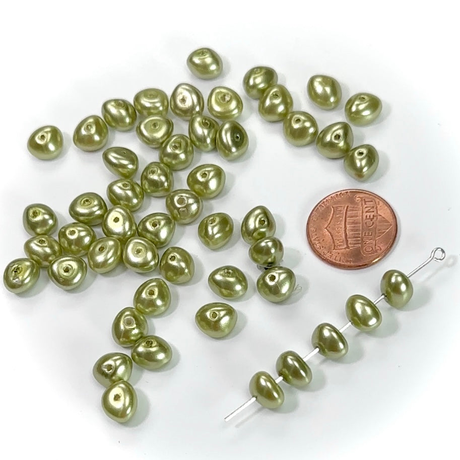 Czech Fancy Small Chips Center Hole Glass Pearls 6x9mm Green Olivine color 50 pieces CL296