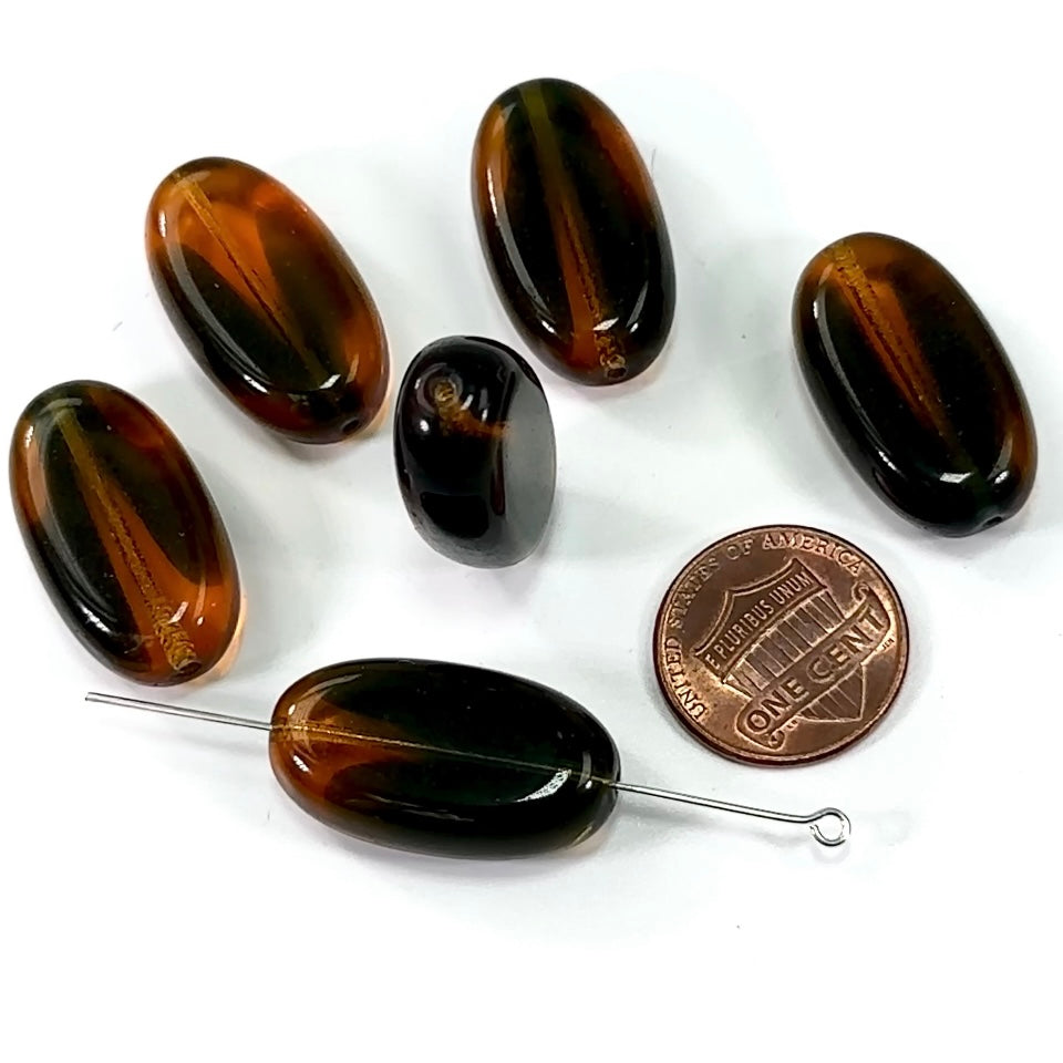 Czech Pressed Druk Glass Beads Chunky Flat Oval 26x15mm Topaz and Green 2-tone 6 pieces CL306