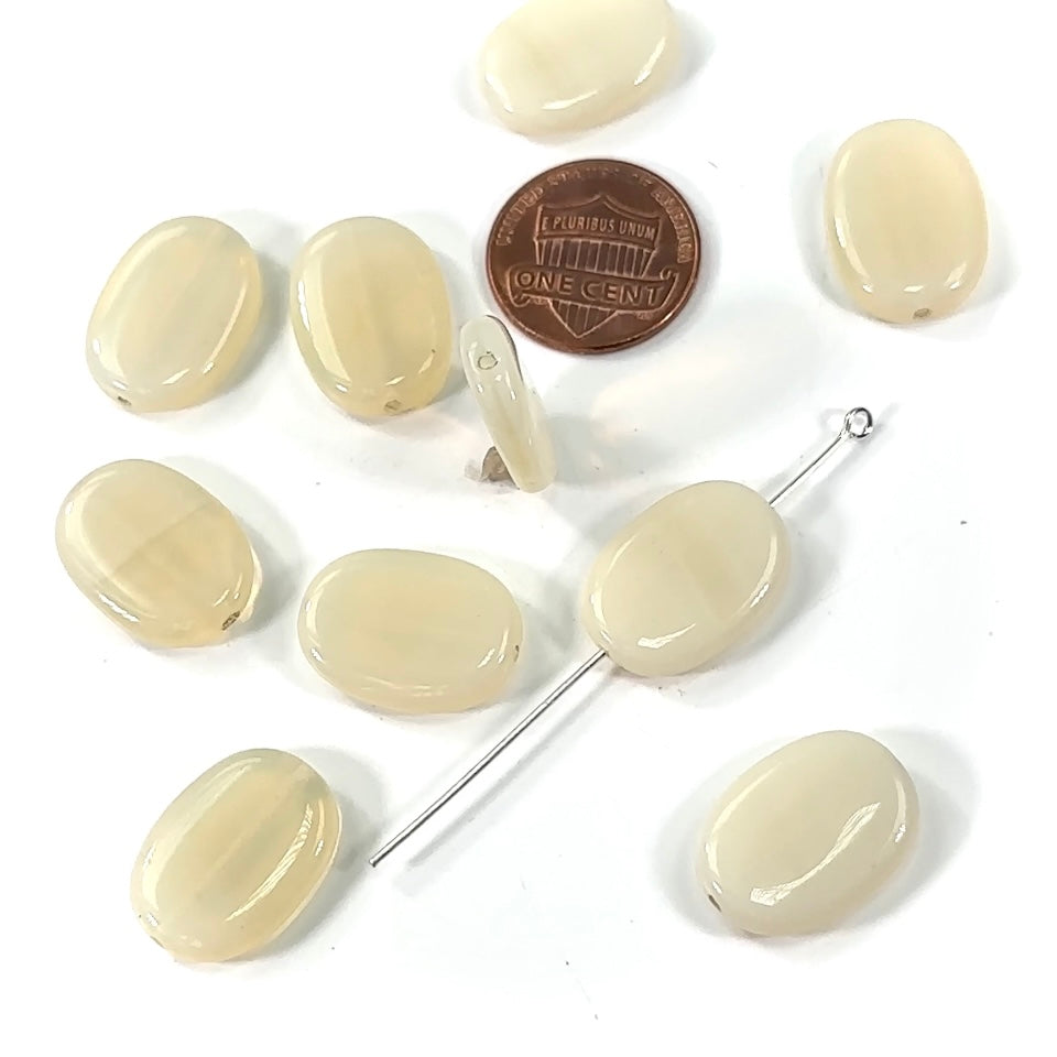 Czech Pressed Druk Flat Oval Glass Beads 19x14mm Beige Opal 10pcs CL308