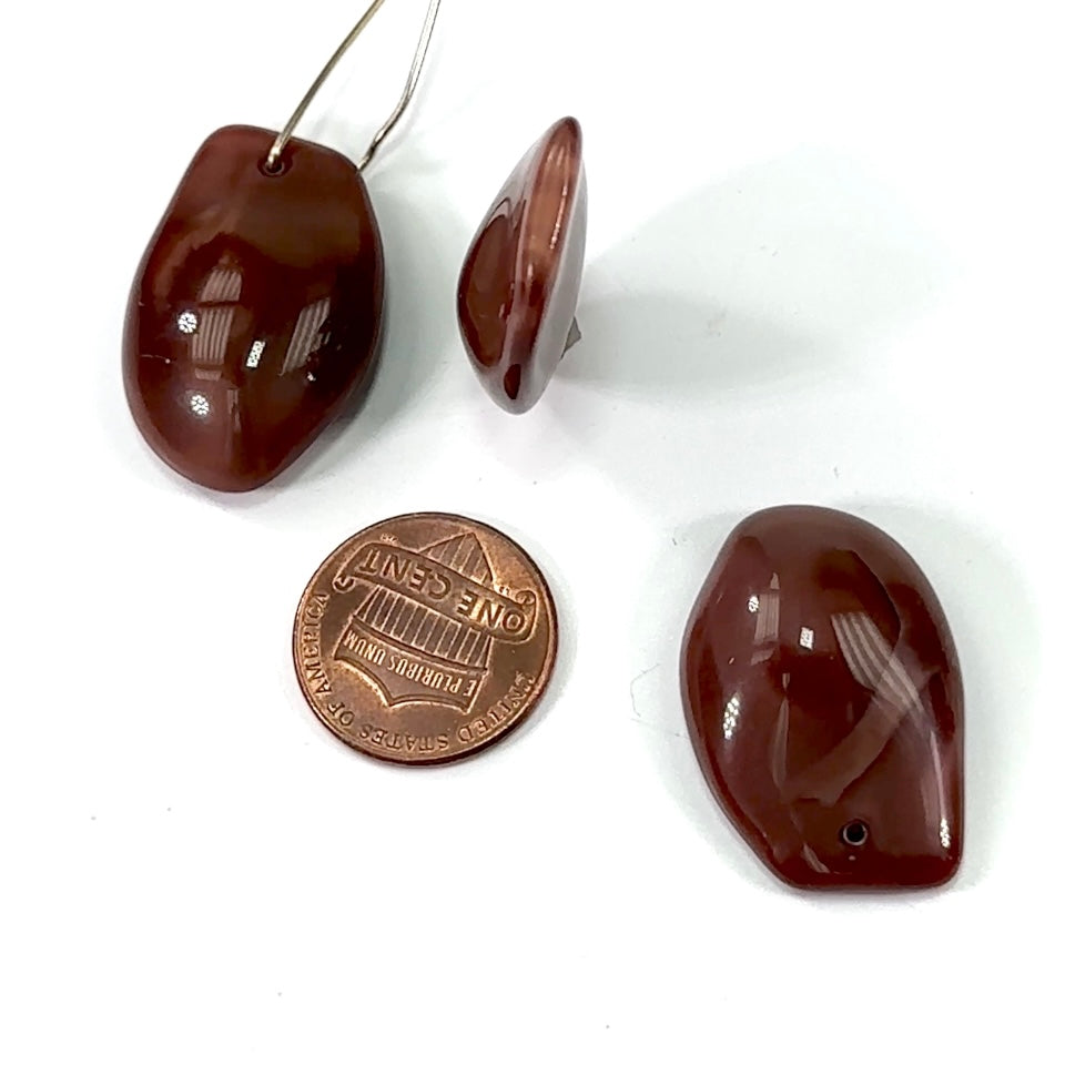 Czech Pressed Druk Glass Chunky Top Drilled Fancy Pendants 29x19mm Brown Satin 3 pieces CL318
