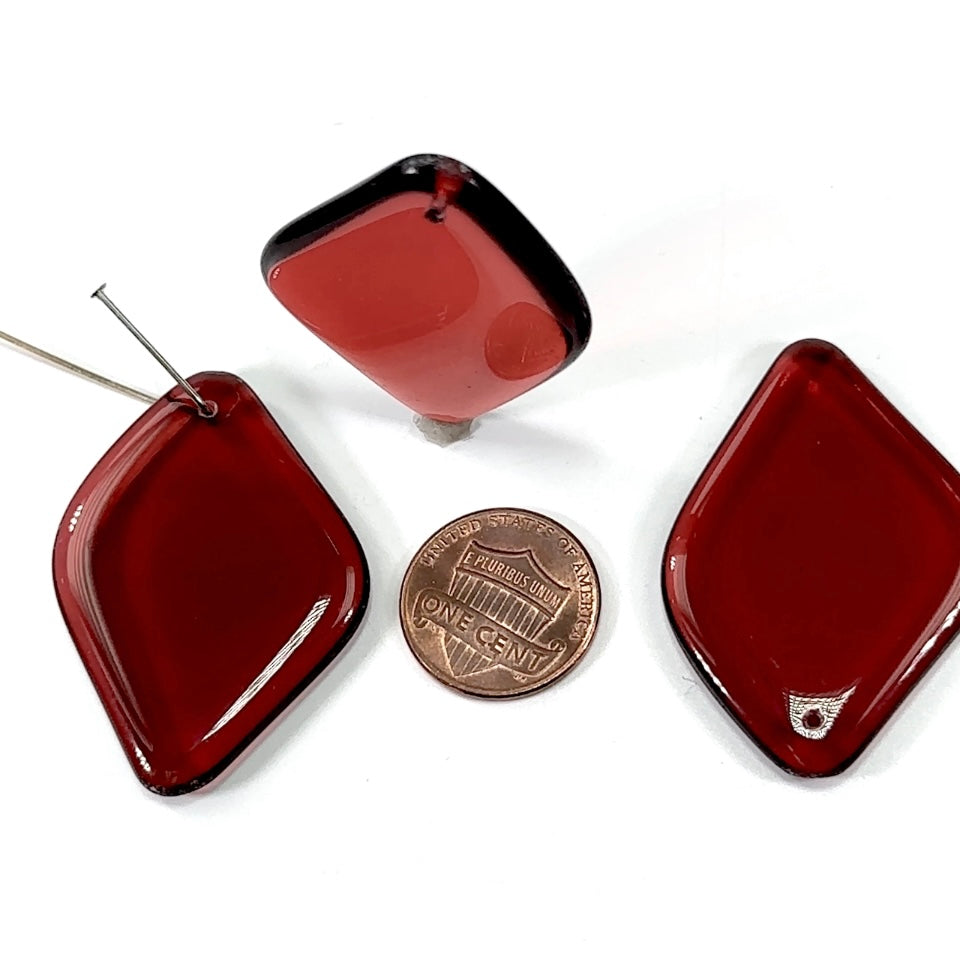 Czech Pressed Druk Glass Large Top Drilled Flat Pendants 45x31mm Red Rose 3 pieces CL321