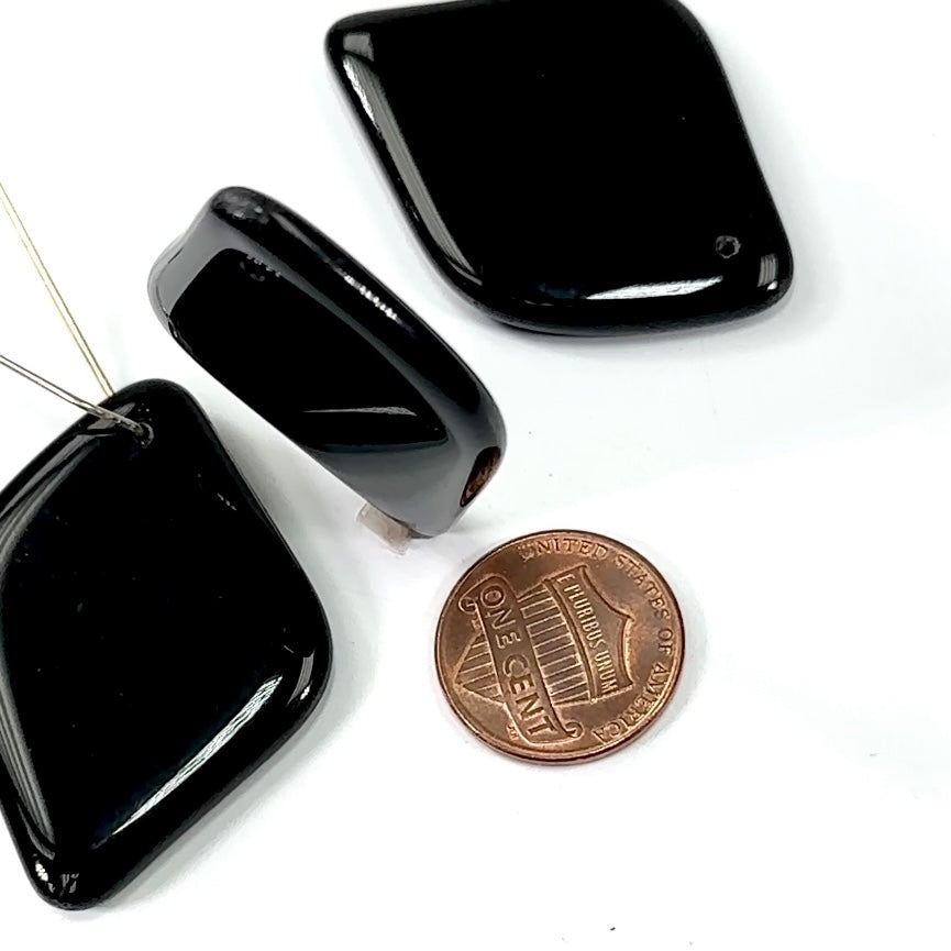 Czech Pressed Druk Glass Large Top Drilled Flat Pendants 45x31mm Jet Black 3 pieces CL328