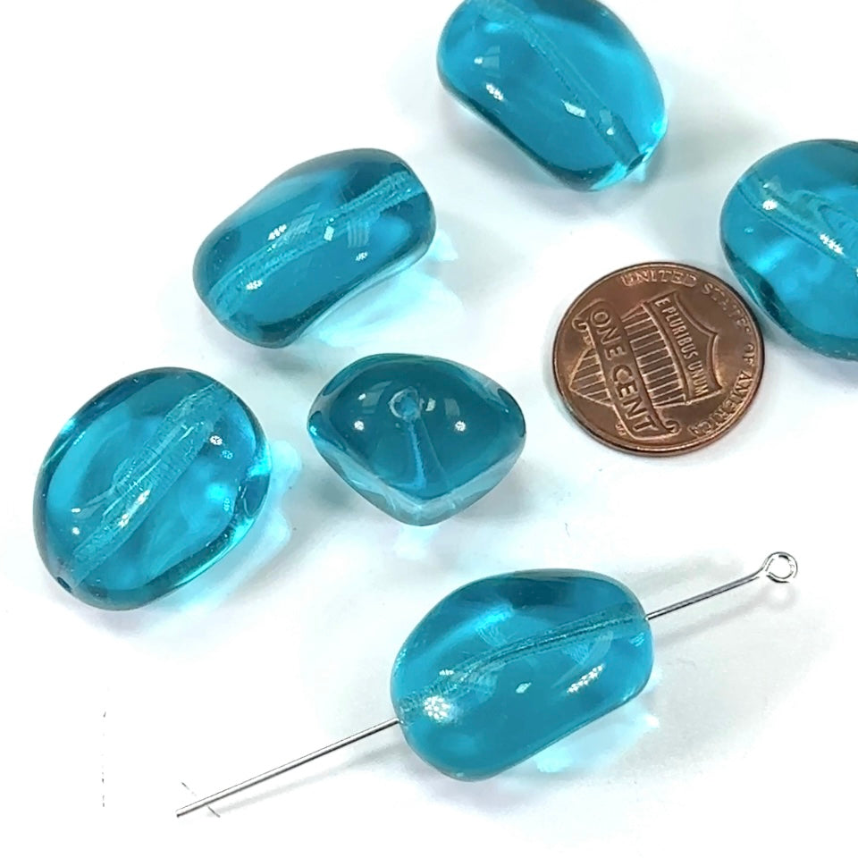 Czech Pressed Druk Glass Beads Chunky Irregular 23x19mm Dark Aqua Blue Transparent 6 pieces CL329