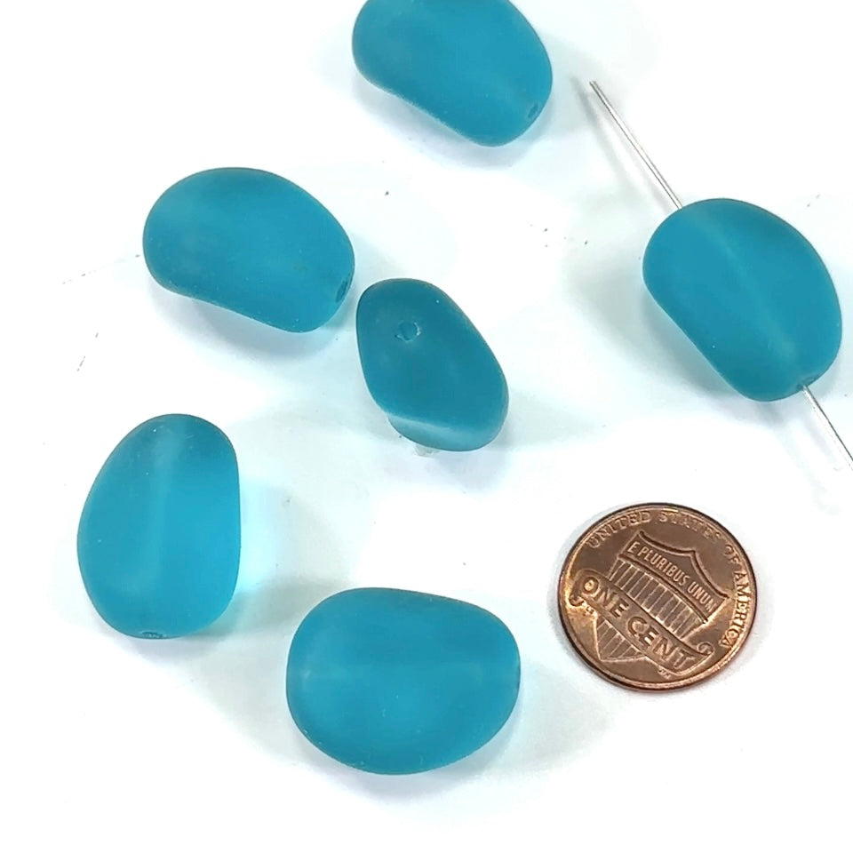 Czech Pressed Druk Glass Beads Chunky Irregular 23x19mm Dark Aqua Blue Matted 6 pieces CL330