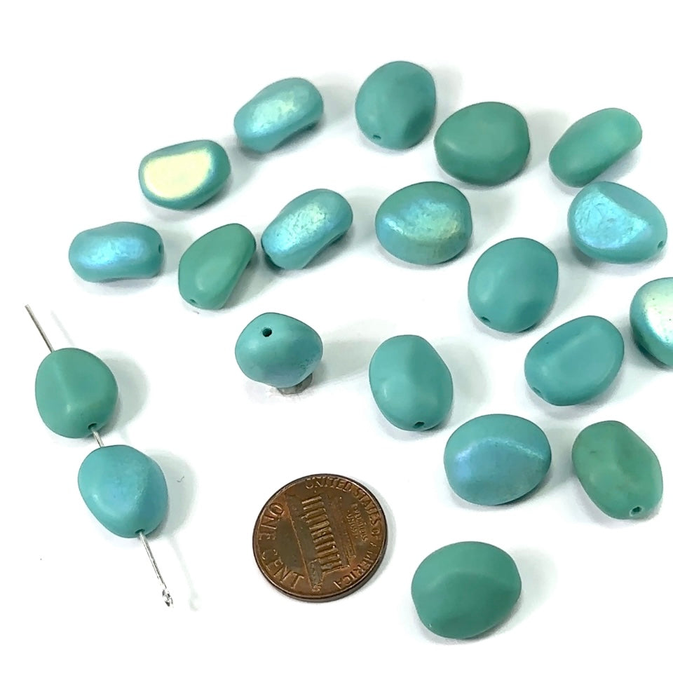 Czech Pressed Druk Fancy Chunky Oval Glass Beads 15x13mm Green Turquoise AB Matted 20pcs CL331