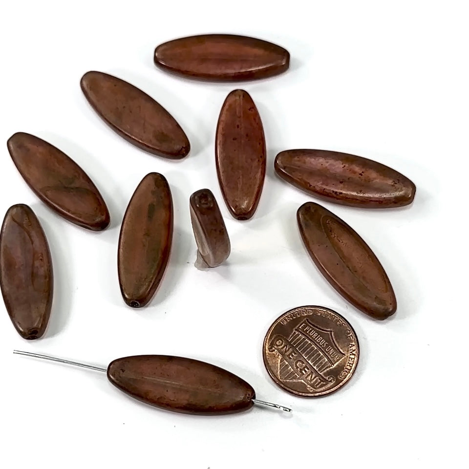 Czech Pressed Druk Glass Beads Spindle Navette 30x11mm Brown Luster 10 pieces CL338
