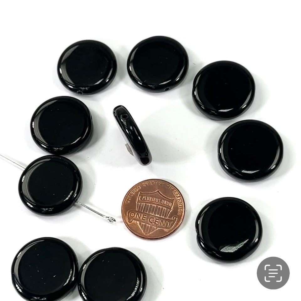 Czech Pressed Druk Flat Round Disc Glass Beads 20mm Jet Black 10pcs CL343