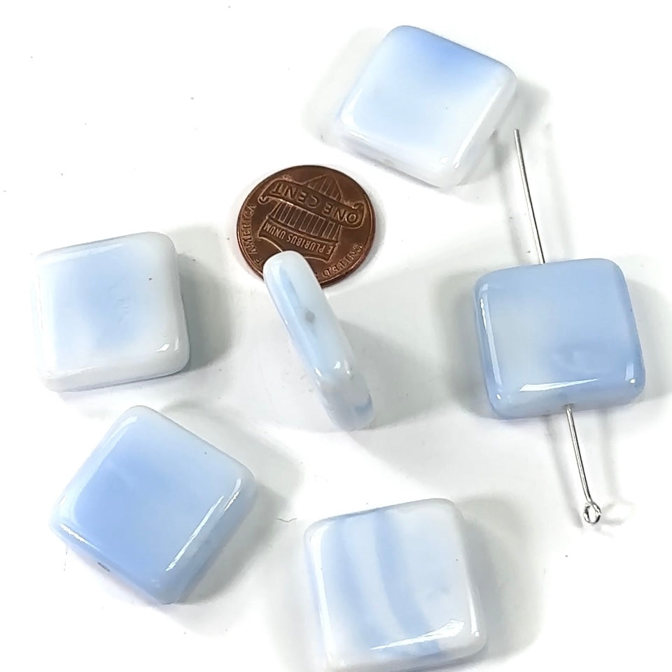Czech Pressed Druk Smooth Square Tile Glass Beads 20x20mm Light Blue White Marble Finish 6pcs CL344