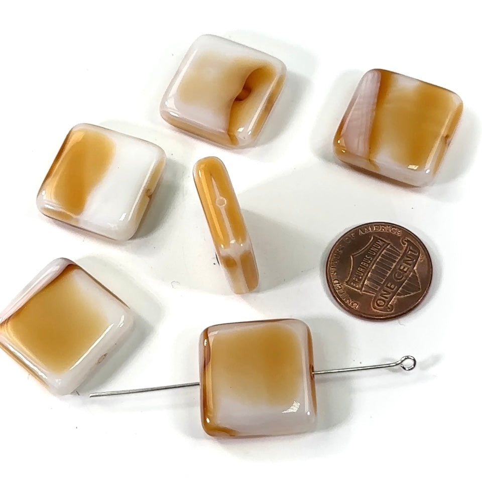Czech Pressed Druk Smooth Square Tile Glass Beads 20x20mm Topaz White Marble Finish 6pcs CL345