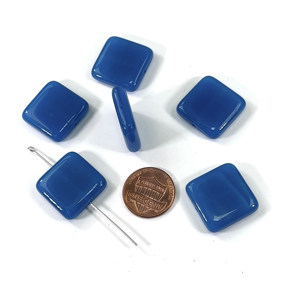 Czech Pressed Druk Smooth Square Tile Glass Beads 20x20mm Blue Opaque 6pcs CL349