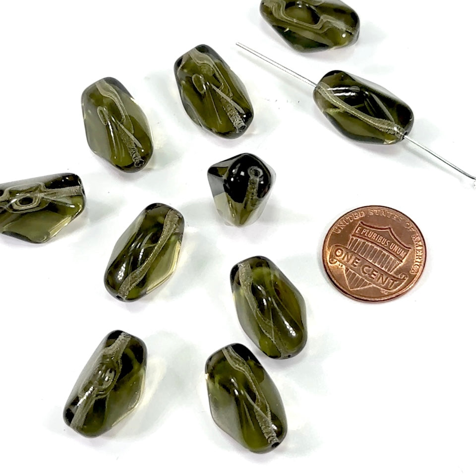 Czech Pressed Druk Glass Beads Fancy 20x13mm Olivine Dark Green 10 pieces CL365