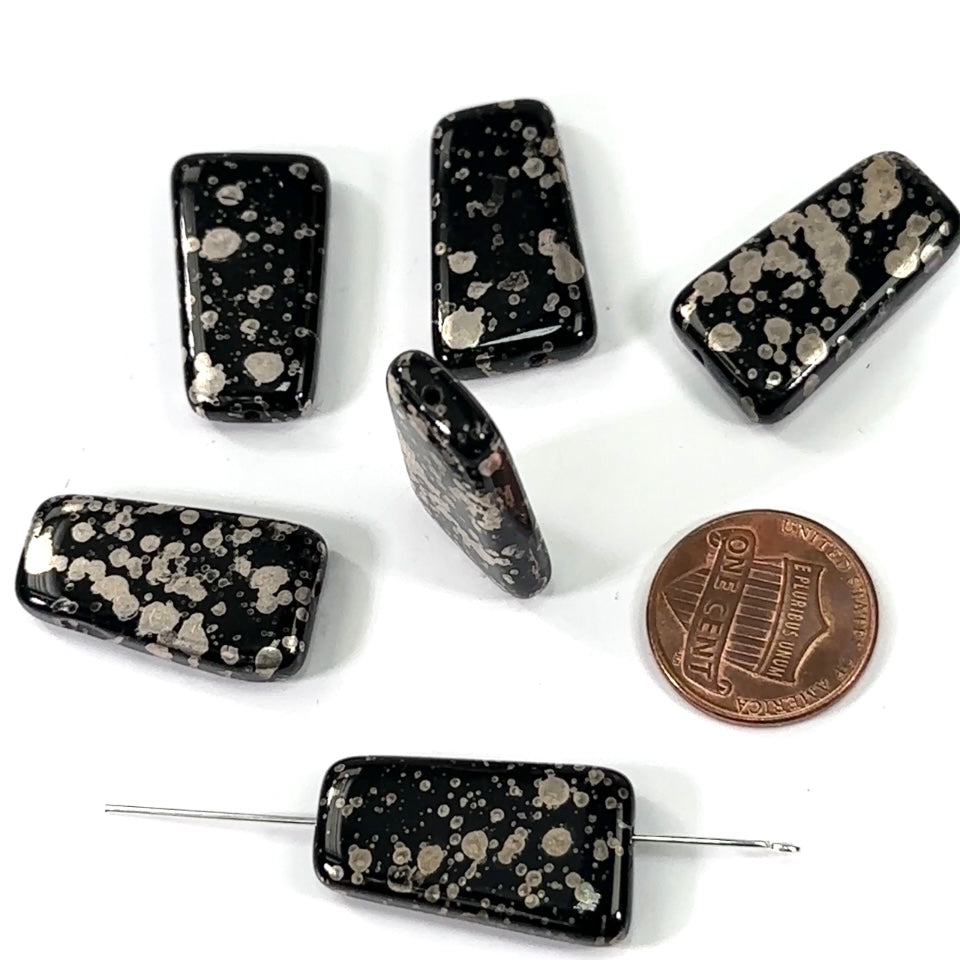 Czech Pressed Druk Glass Beads 26x15mm Black with Silver Spots 6 pieces CL370