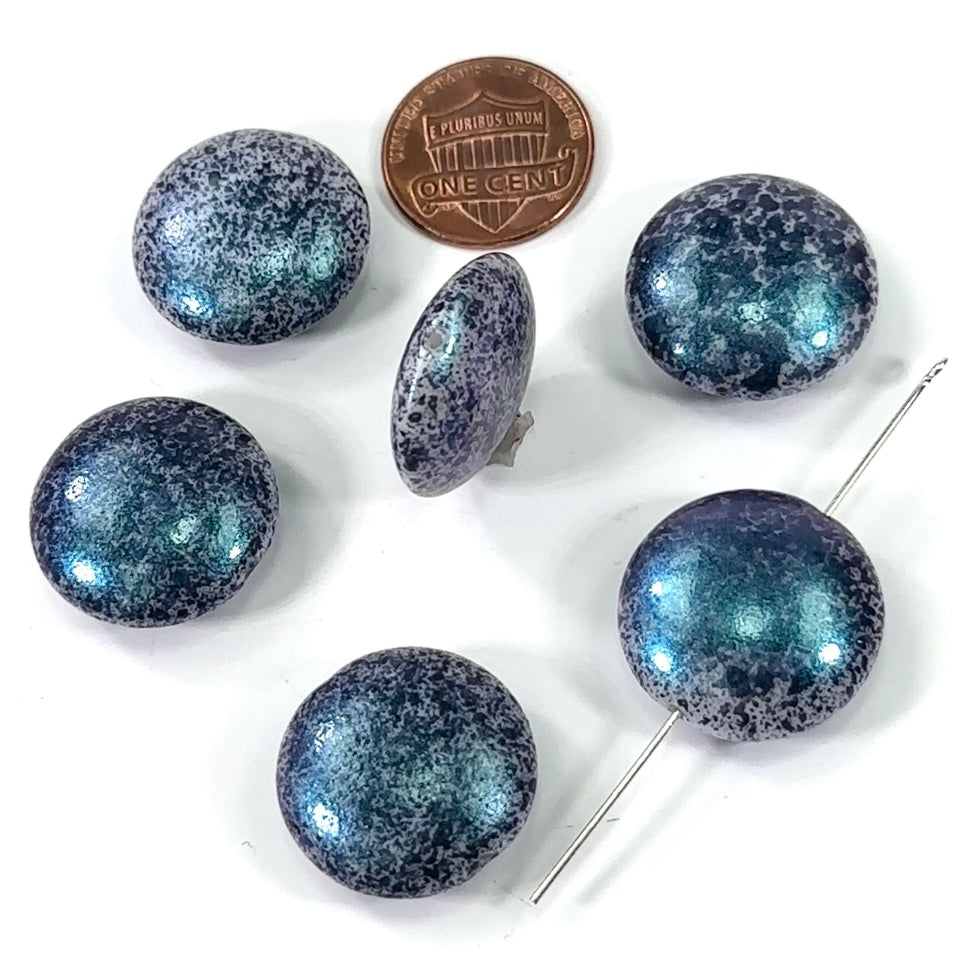 Czech Pressed Druk Coin Glass Beads 22mm Blue Marble Pearlized 6 pieces CL376