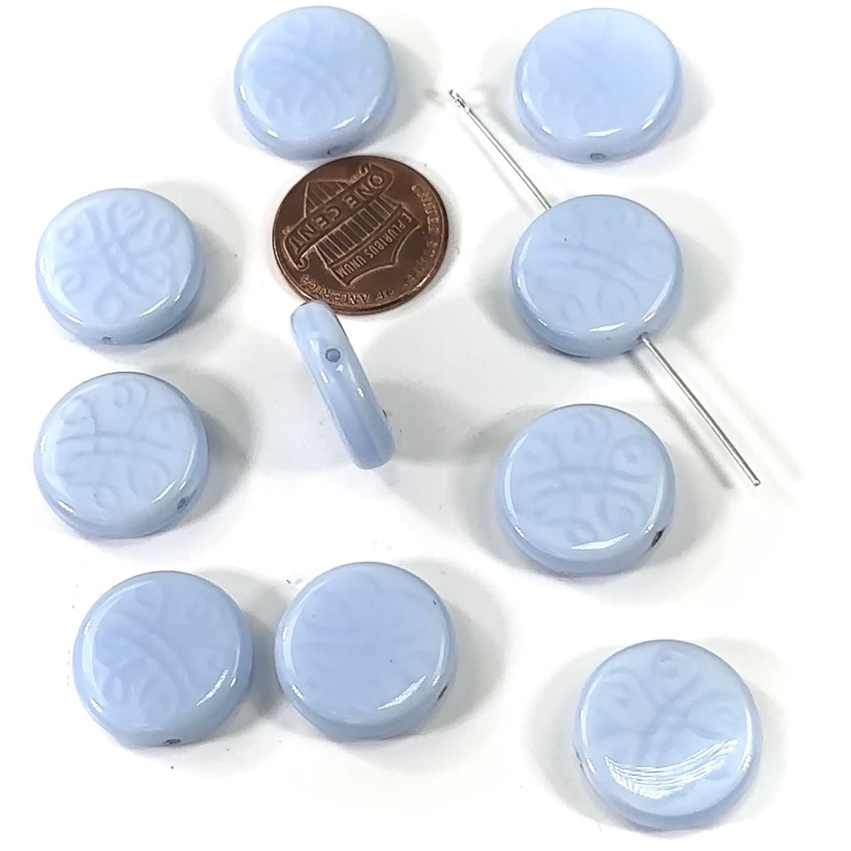 Czech Pressed Druk Round Disc Glass Beads 18mm Light Blue with Design 10pcs CL380