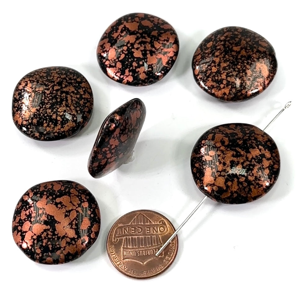 Czech Pressed Druk Coin Glass Beads 25mm Black with Bronze Metallic Spots 6 pieces CL382