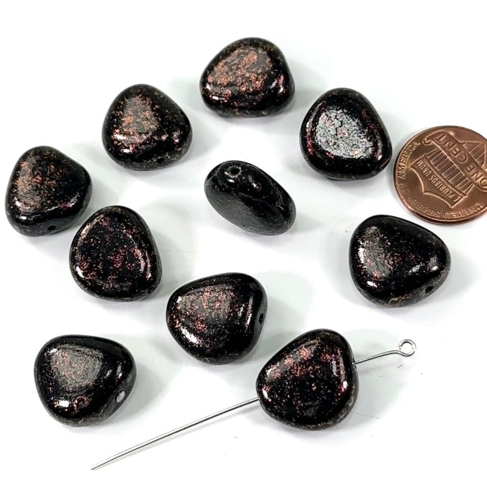 Czech Pressed Druk Glass Beads 17x15mm Black with Red Metallic Speckles 10 pieces CL383