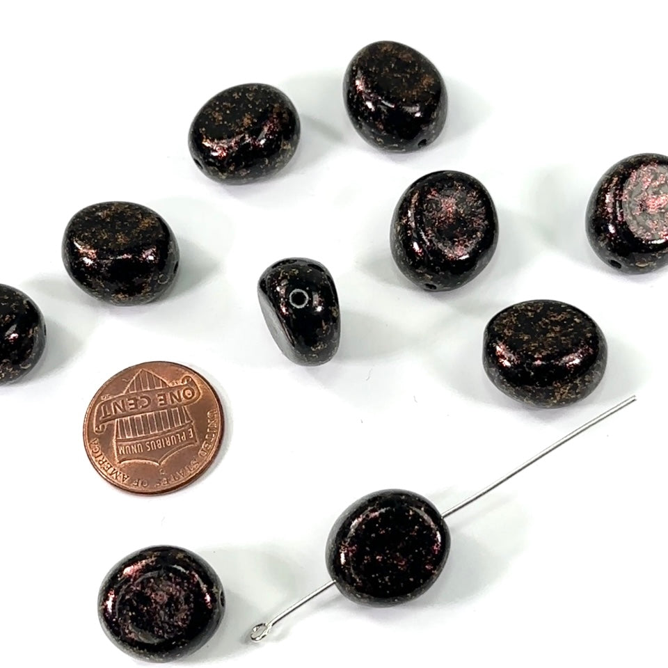 Czech Pressed Druk Glass Beads 16x15mm Black with Red Metallic Speckles 10 pieces CL386