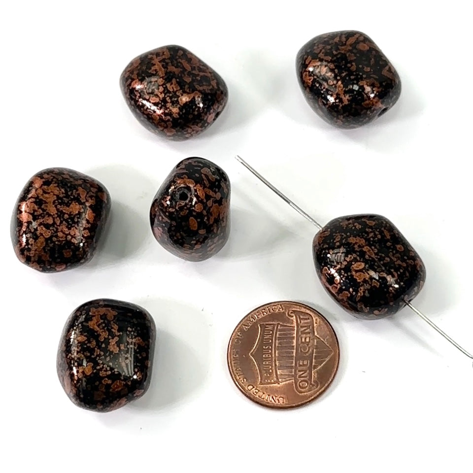 Czech Pressed Druk Glass Beads 20x17mm Black with Bronze Metallic Speckles 6 pieces CL387