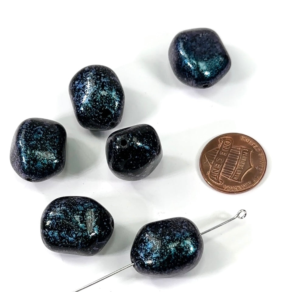 Czech Pressed Druk Glass Beads 20x17mm Black with Blue Metallic Speckles 6 pieces CL388