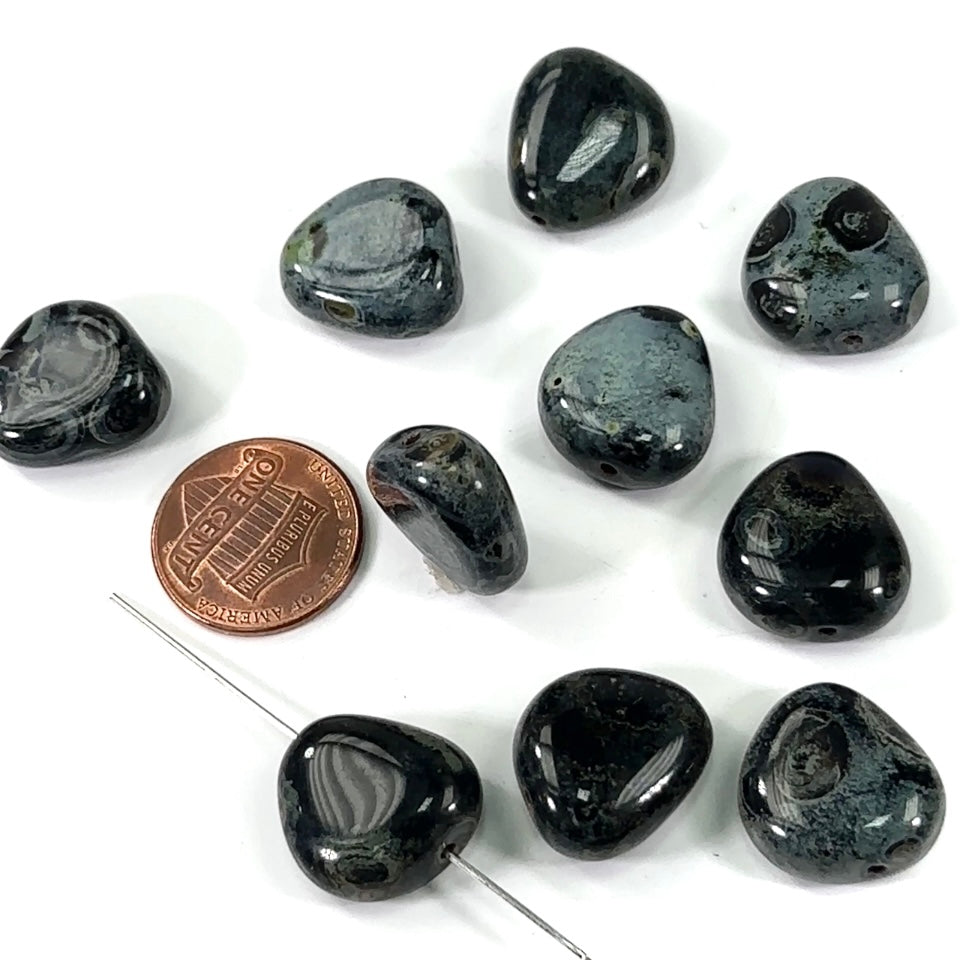 Czech Pressed Druk Glass Beads 17x15mm Black with Green Marble Coating 10 pieces CL389