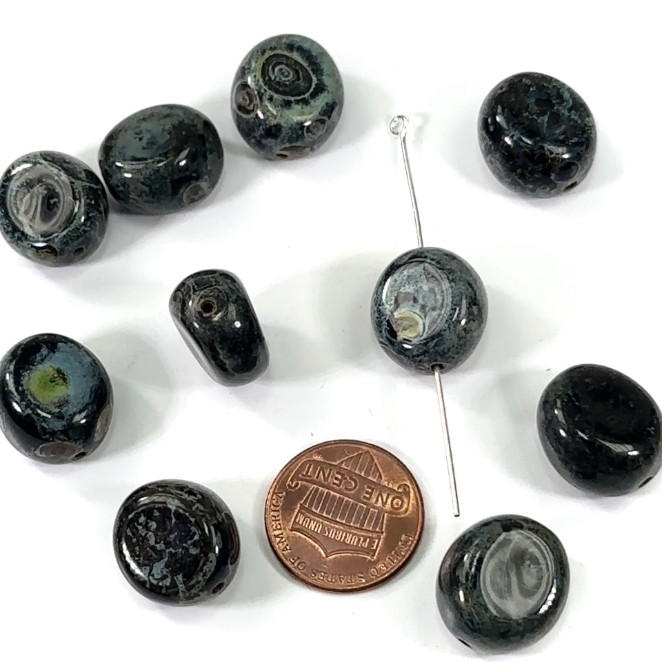 Czech Pressed Druk Glass Beads 16x15mm Black with Green Marble Coating 10 pieces CL390