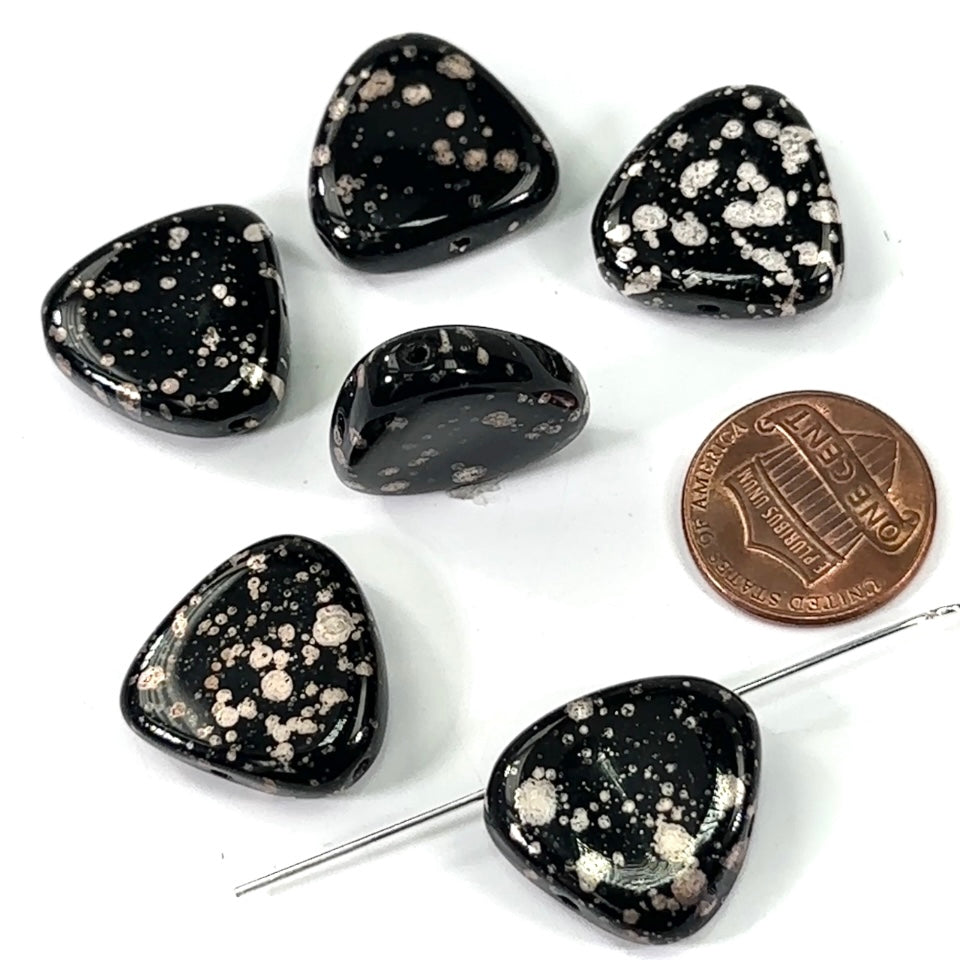 Czech Pressed Druk Flat Triangle Side Drilled Glass Beads 20mm Black with Silver Spots 6 pieces CL391
