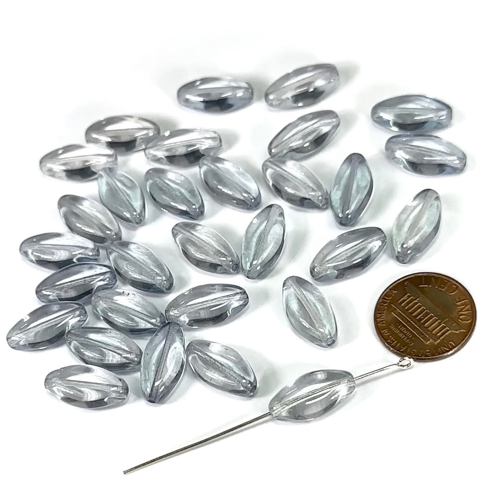 Czech Pressed Druk Glass Beads Spindle Navette 16x9mm Crystal Light Blue Luster 30 pieces CL400