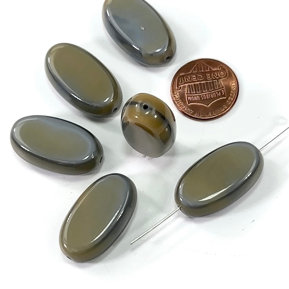 Czech Pressed Druk Glass Beads Chunky Flat Oval 26x15mm Grey Satin Opaque 6 pieces CL404