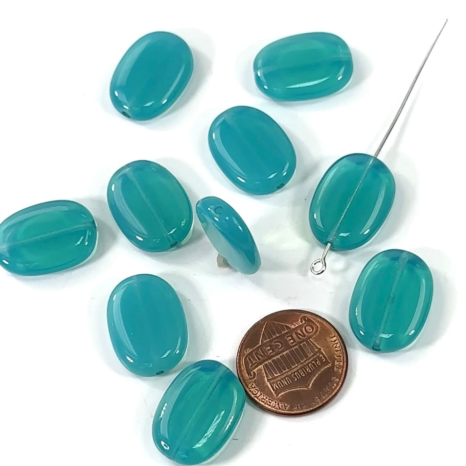 Czech Pressed Druk Flat Oval Glass Beads 19x14mm Aqua Opal 10pcs CL407
