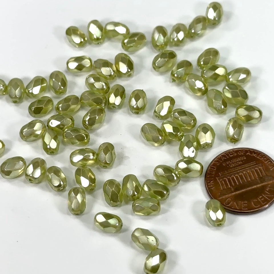 Light Green Faceted Pearl Czech Fire Polished Olive Shaped Faceted Glass Beads 7x5mm 60pcs